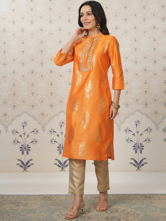 House of Pataudi Ethnic Motifs Printed Cotton Silk Straight Kurta
