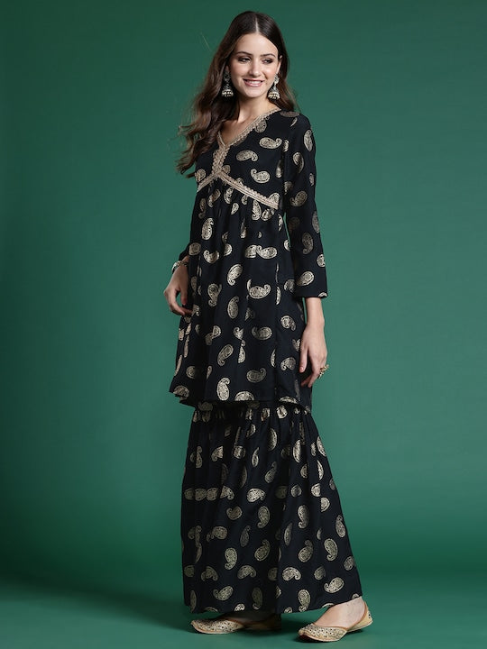 Sangria Paisley Printed Empire Kurta with Sharara