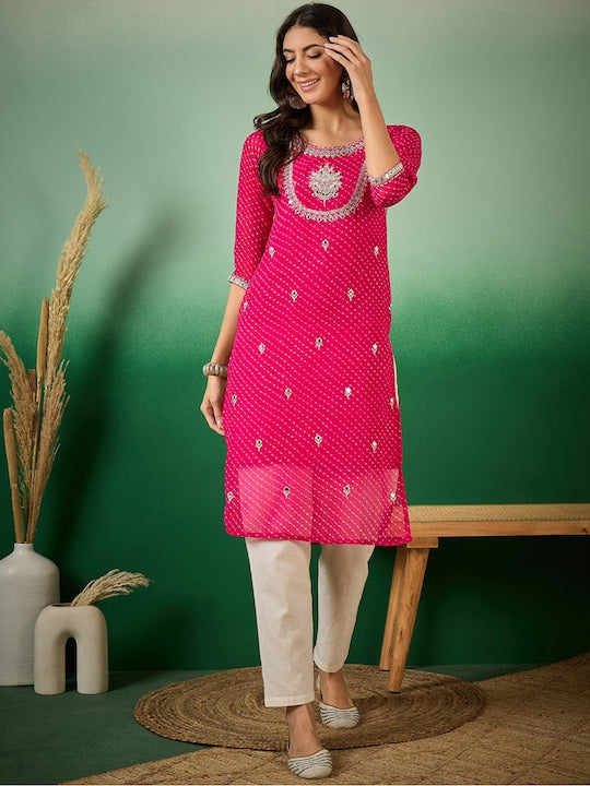 Sangria Leheriya Mirror Work Embroidered Georgette Straight Kurta
