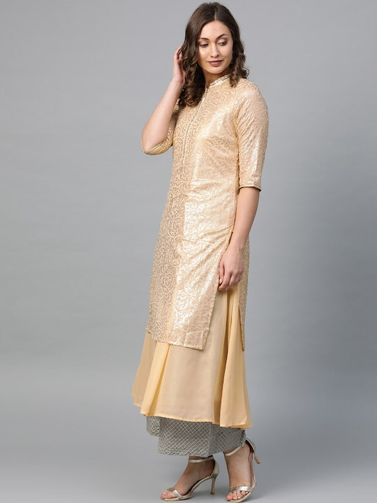 Aurelia Women Beige & Golden Printed Layered A-Line Kurta