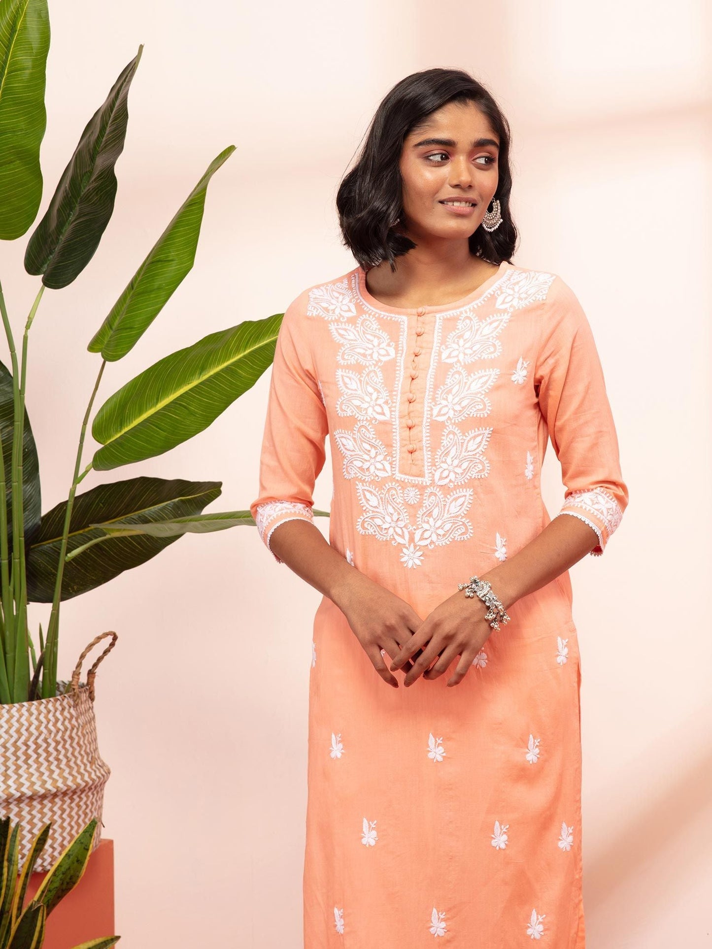 Likha Chikankari Peach Hand Embroidered Straight Kurta