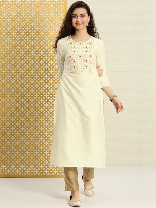 House of Pataudi Women Off-White Yoke Design A-Line Kurta