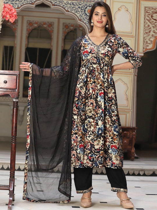 Singni Floral Printed Mirror Work Empire A-Line Kurta With Trousers & Dupatta
