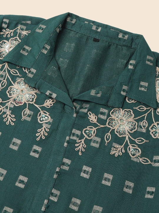 Fabmora Ethnic Motif Woven Design Thread Work Organic Cotton A-Line Kurta & Trousers