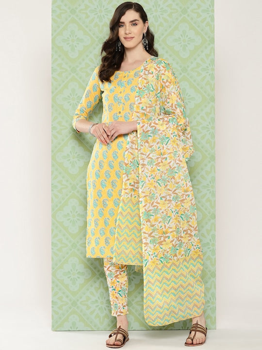 Yufta Women Paisley Printed Regular Pure Cotton Kurta with Trousers & With Dupatta Yellow