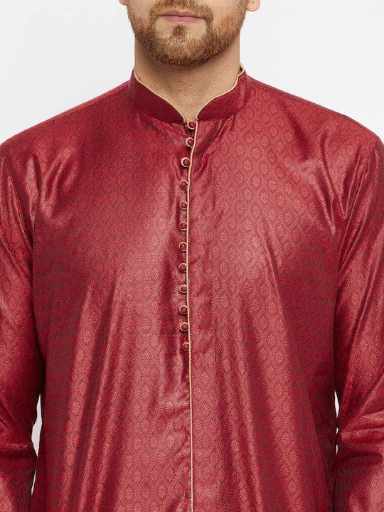 Vastramay Men Maroon Solid Thread Work Jacquard Kurta