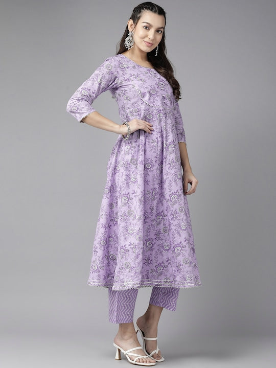 Yufta Floral Printed Gotta Patti Pure Cotton Kurta With Trousers & Dupatta