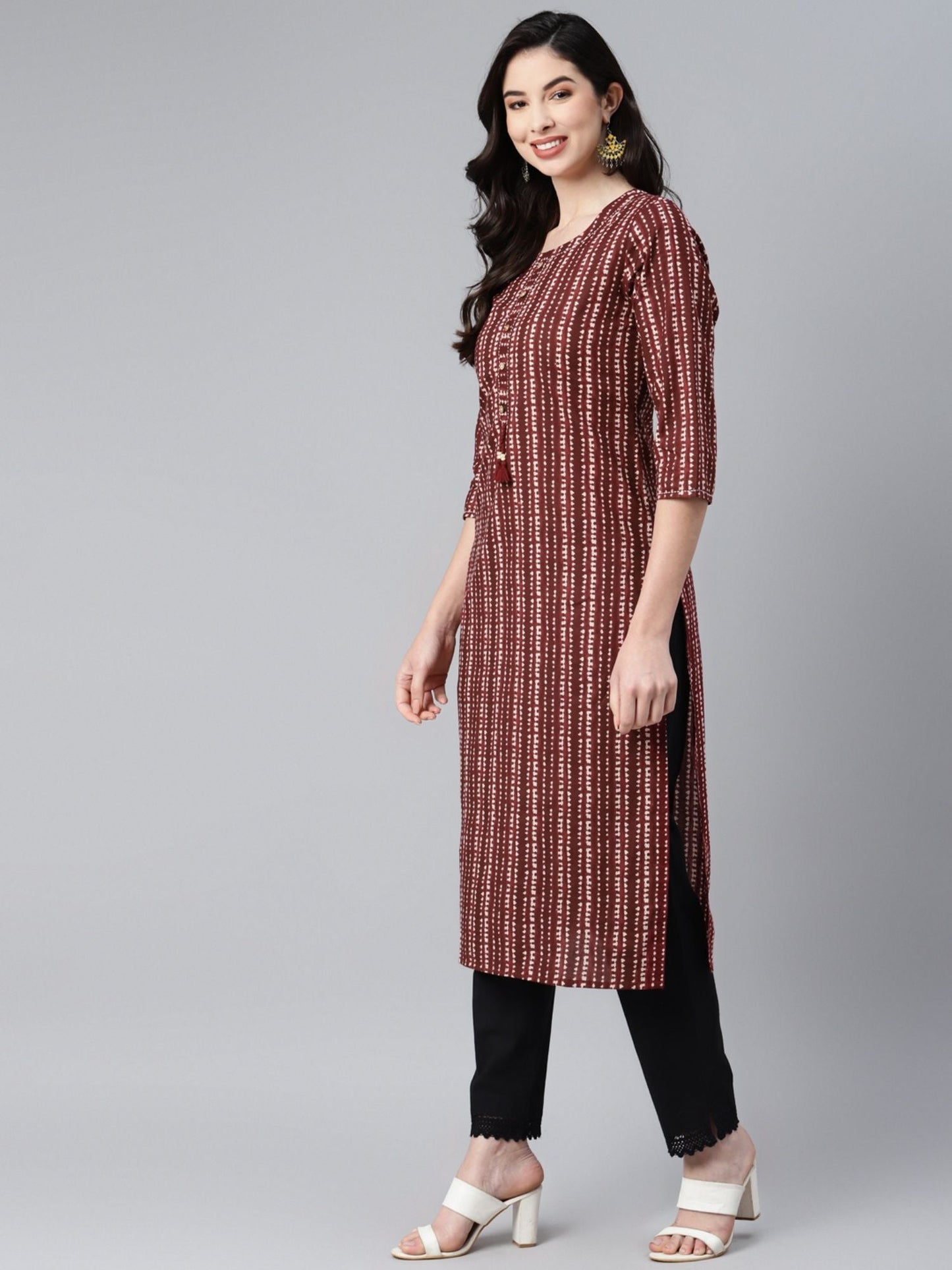 PIROH Women's Cotton Stripe Print Straight Kurta (Maroon)