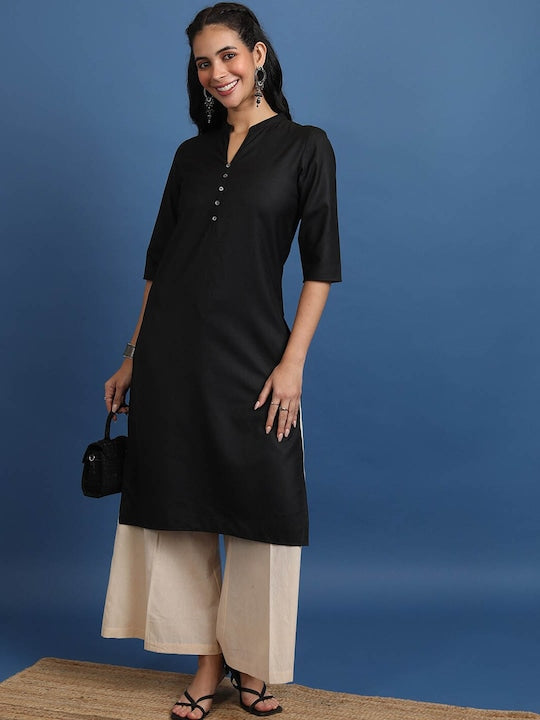 Vishudh Black Mandarin Collar Straight Kurta