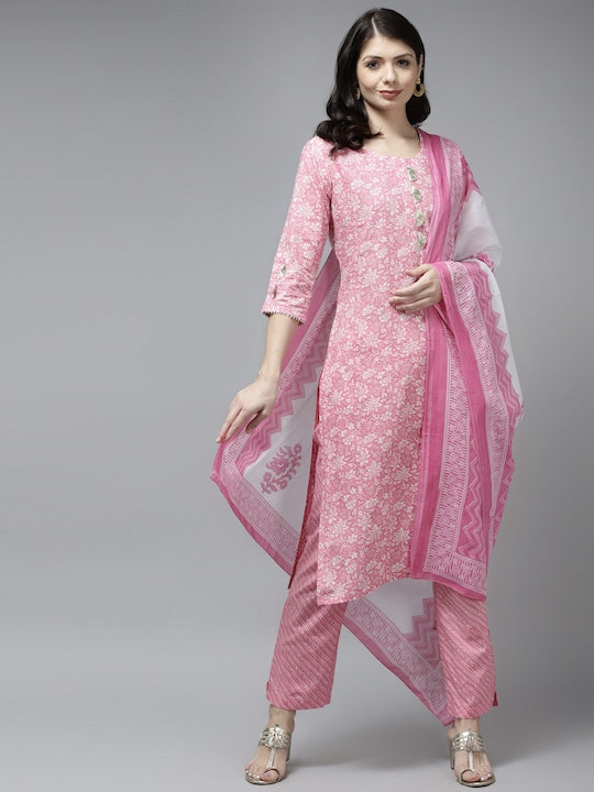 Yufta Women Pink Ethnic Motifs Printed Gotta Patti Pure Cotton Kurta with Trousers & With Dupatta - S