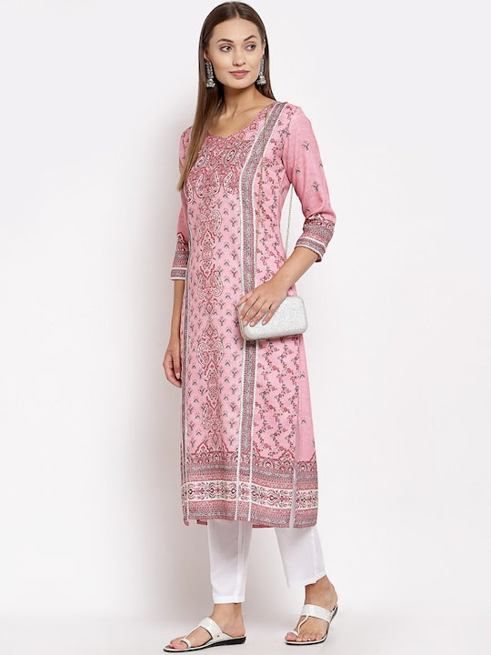 Myshka Women Pink & Red Ethnic Motifs Printed Gotta Patti Winter Kurta