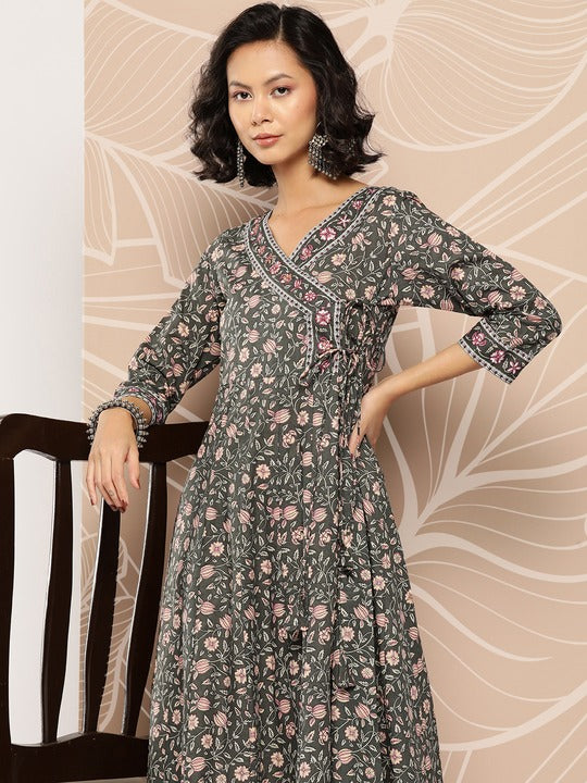 Yufta Floral Printed Anarkali Cotton Kurta
