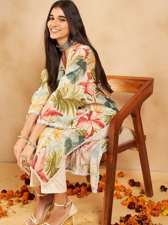 House of Pataudi Floral Printed V-Neck Kurta