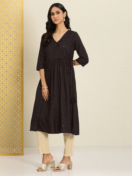 House of Pataudi Embellished Sequinned Rozana Angrakha Kurta With Tie-ups Detail