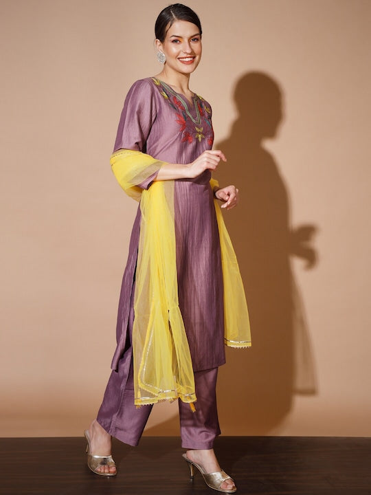 Myshka Embroidered Regular Kurta With Palazzos & Dupatta