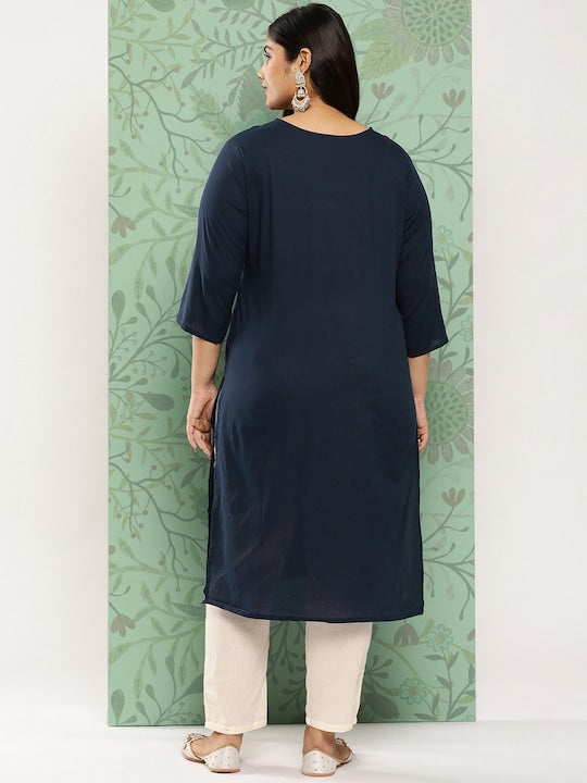 Yufta Plus Size Floral Embroidered Chikankari Indigo Pure Cotton Kurta