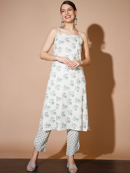 Myshka Floral Printed Regular Pure Cotton Kurta with Trousers