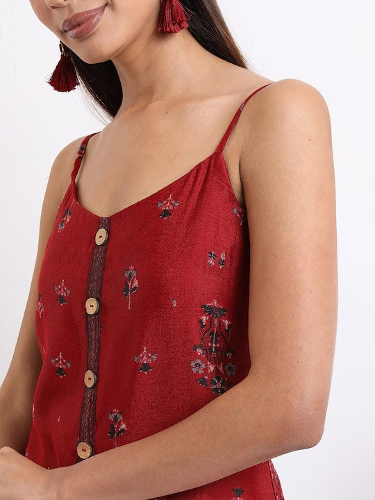 Vishudh Red & Navy blue Ethnic Printed Shoulder Straps Kurta