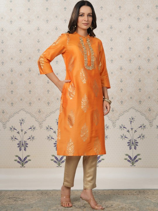 House of Pataudi Ethnic Motifs Printed Cotton Silk Straight Kurta