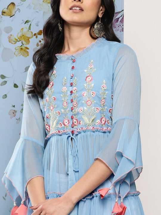 Juniper Floral Embroidered Tiered Front Slit A-Line Kurta with Tie-Up Detail