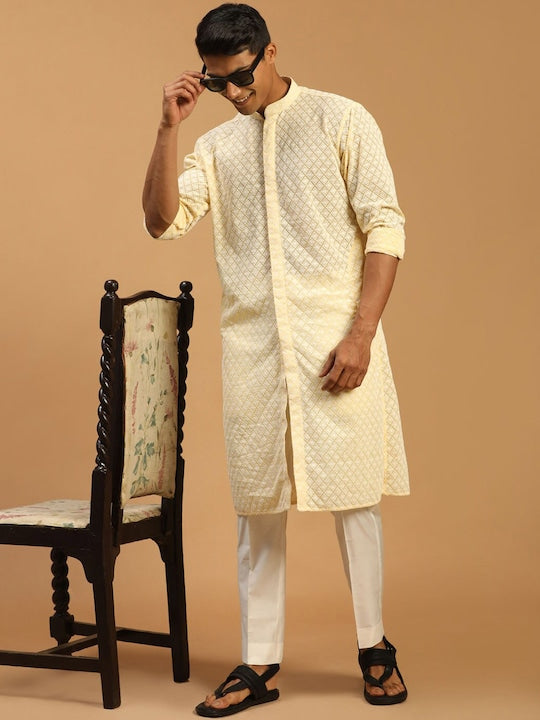 Vastramay Geometric Embroidered Mandarin Collar Chikankari Kurta With Pyjamas