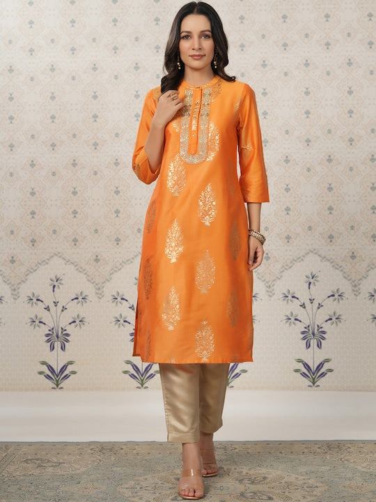 House of Pataudi Ethnic Motifs Printed Cotton Silk Straight Kurta
