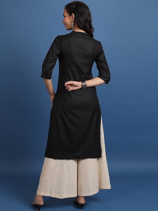 Vishudh Black Mandarin Collar Straight Kurta