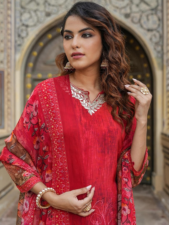 Scakhi Floral Printed Regular Gotta Patti Silk Crepe Kurta with Palazzos & With Dupatta