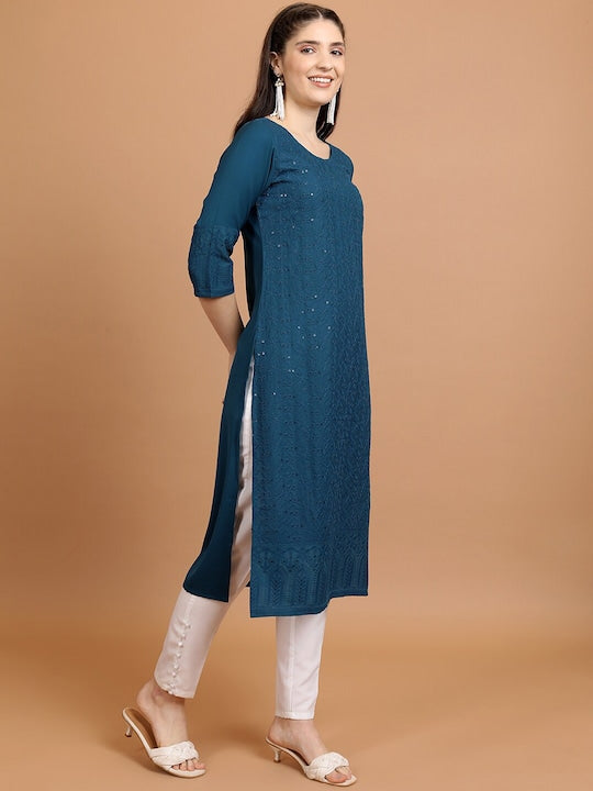 Vishudh Navy Blue Sequinned Embellished Straight Kurta