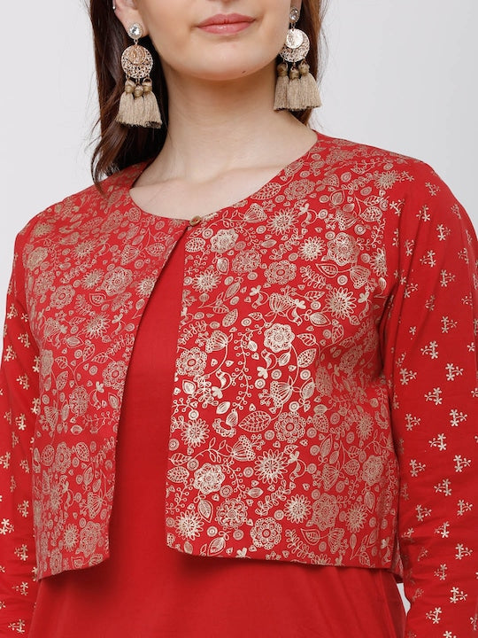 Vishudh Red Foil Print Cotton Straight Kurta With Crop Jacket