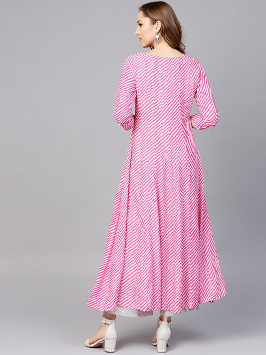 Yufta Women Pink & White Lehariya Print Anarkali Kurta