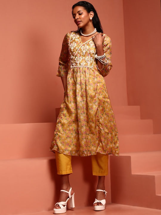 IMARA Floral Printed V-Neck Thread Work Kurta with Trousers