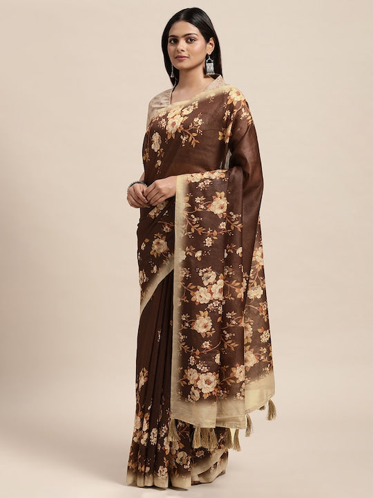 Janasya Brown & Beige Floral Cotton Blend Saree