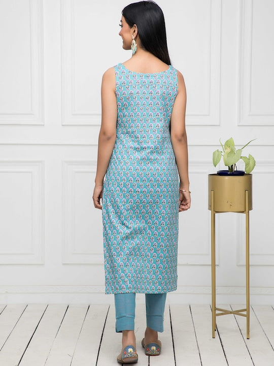 Myshka Floral Printed Sleeveless Straight Kurta
