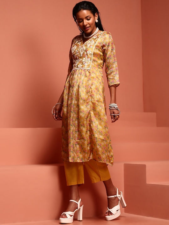 IMARA Floral Printed V-Neck Thread Work Kurta with Trousers