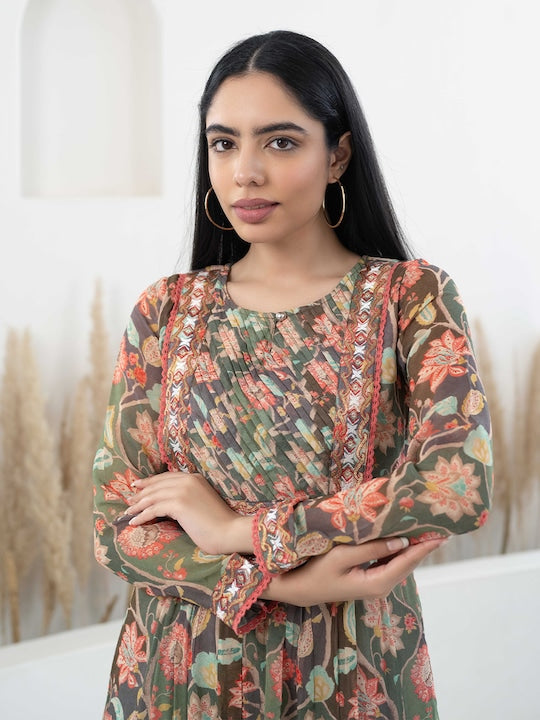 Myshka Floral Printed Lace Inserts Georgette Fit & Flare Ethnic Dress