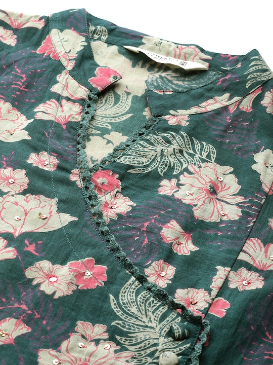 Readiprint Fashions Floral Printed Angrakha Sequinned Pure Cotton Kurta Set