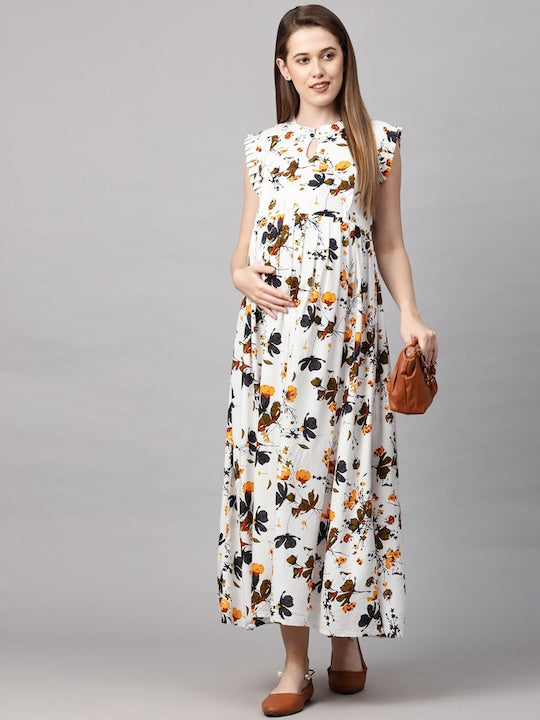MomToBe White Floral Printed Maternity Nursing Maxi Dress