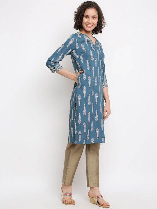 IMARA Ethnic Motifs Printed V-Neck Thread Work Kurta