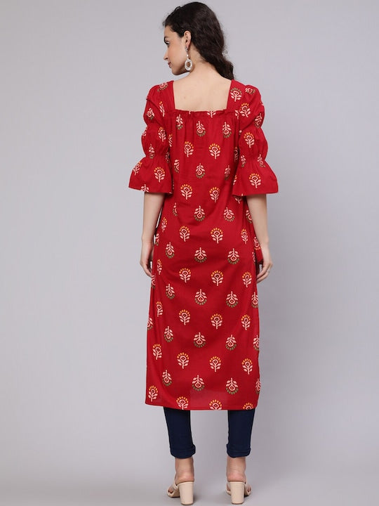 AKS Ethnic Motifs Printed Square Neck Puff Sleeves Cotton Kurta