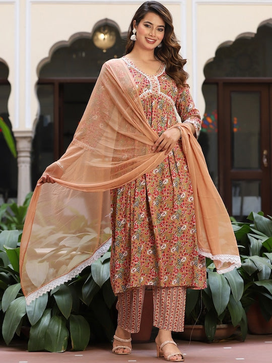 Singni Ethnic Motifs Embroidered V-Neck Three-Quarter Sleeves Anarkali Kurta Set