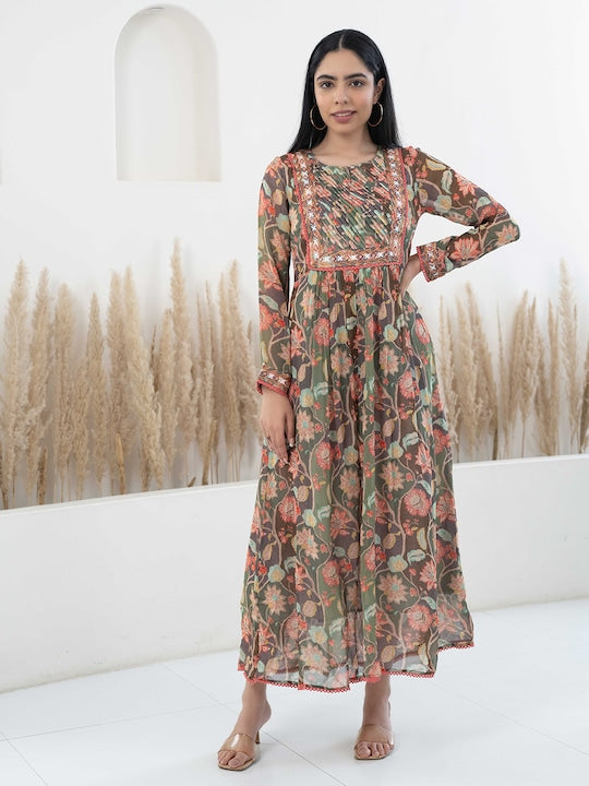 Myshka Floral Printed Lace Inserts Georgette Fit & Flare Ethnic Dress