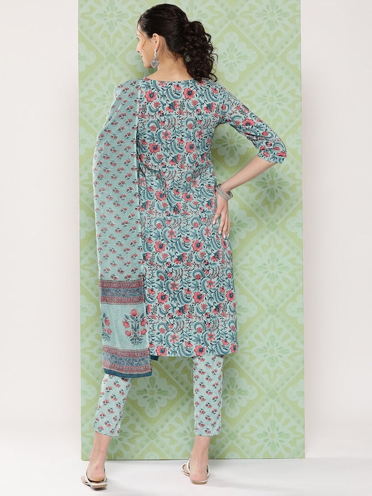 Yufta Women Floral Printed Regular Sequinned Kurta with Trousers & Dupatta