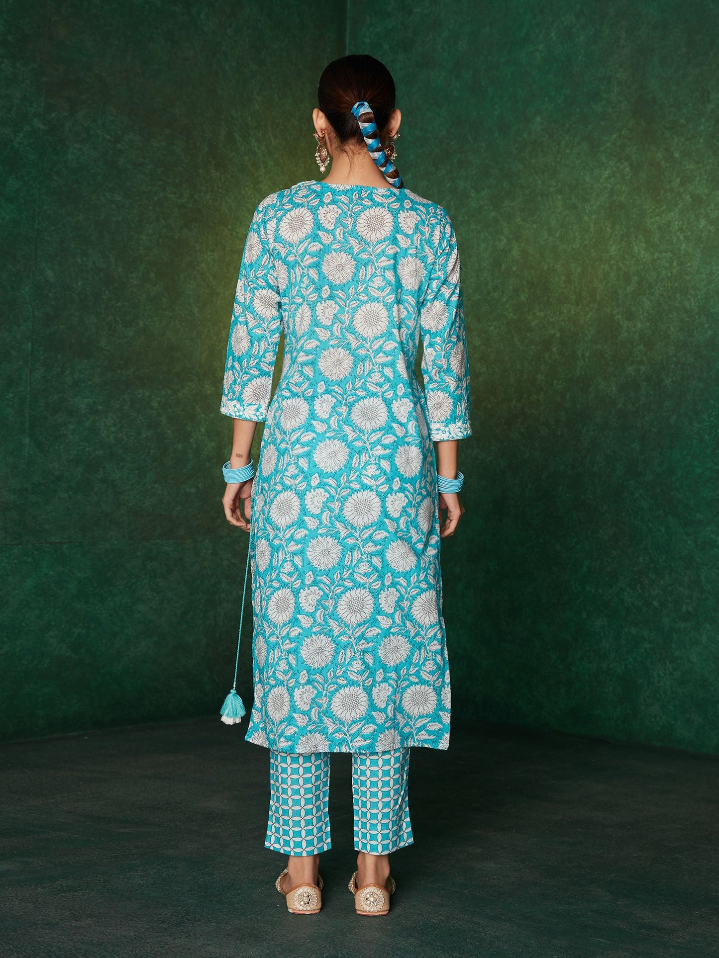 Likha Sky Blue Jaipuri Printed Naira Cut Co-ord Set LIKSKD142 (Set of 2)