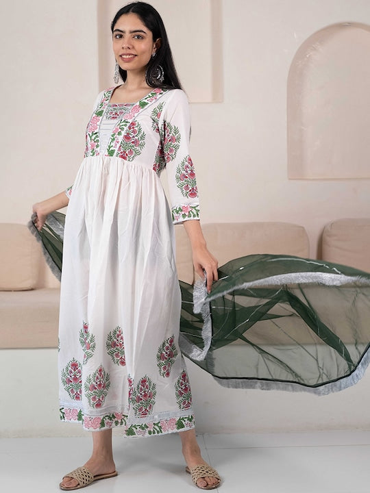 Myshka Floral Checked Flared Sleeves Thread Work Kurta With Dupatta