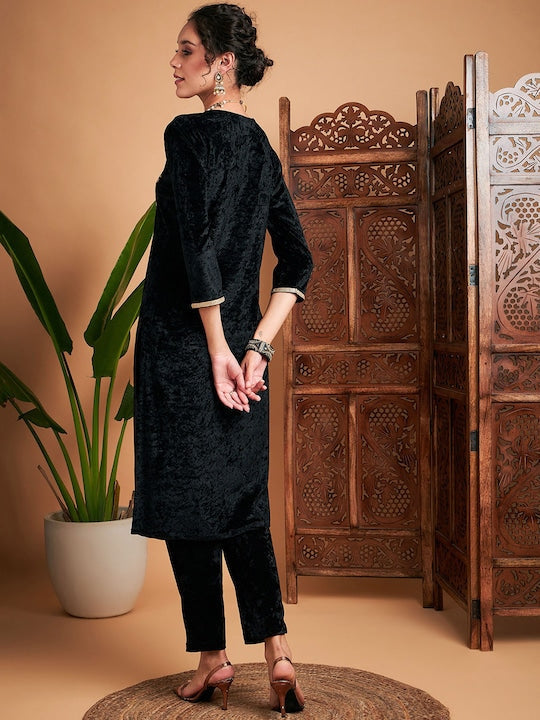 Shae by Sassafras Black Floral Yoke Design Thread Work Detail Velvet Straight Kurta