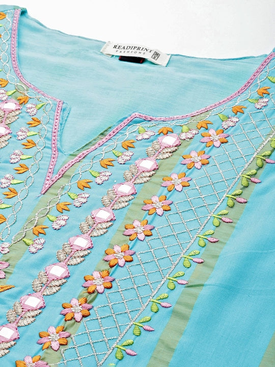 Readiprint Fashions Striped Embroidered Thread Work Pure Cotton Kurta