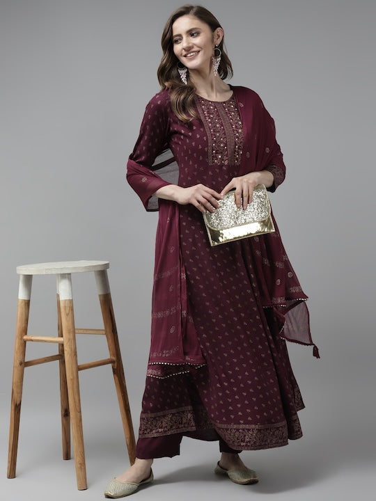 Yufta Women Burgundy Ethnic Motifs Printed Mirror Work Kurta with Trousers & With Dupatta