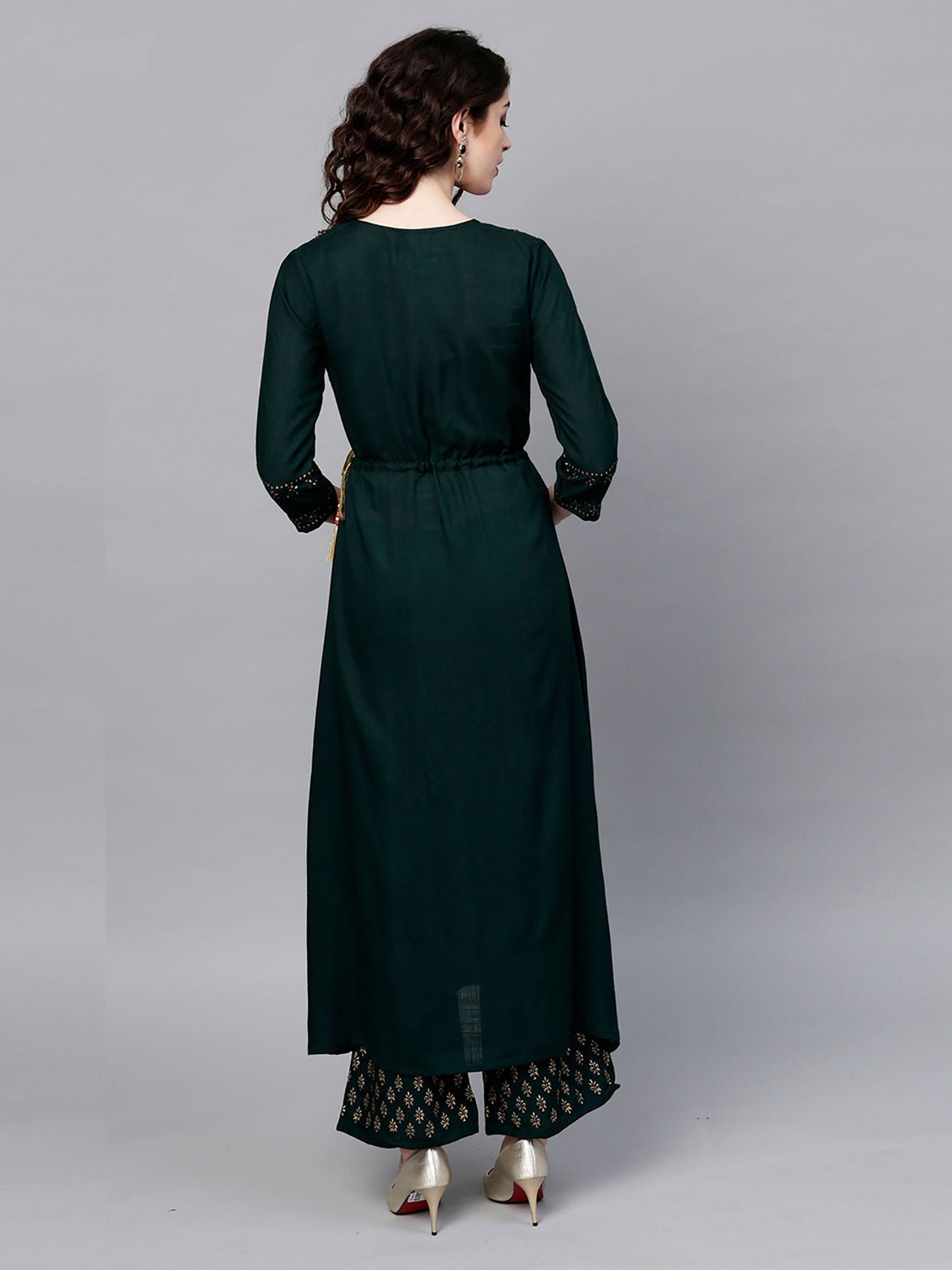 ISHIN Rayon Green Printed Anarkali Kurta With Palazzo (Set of 2)