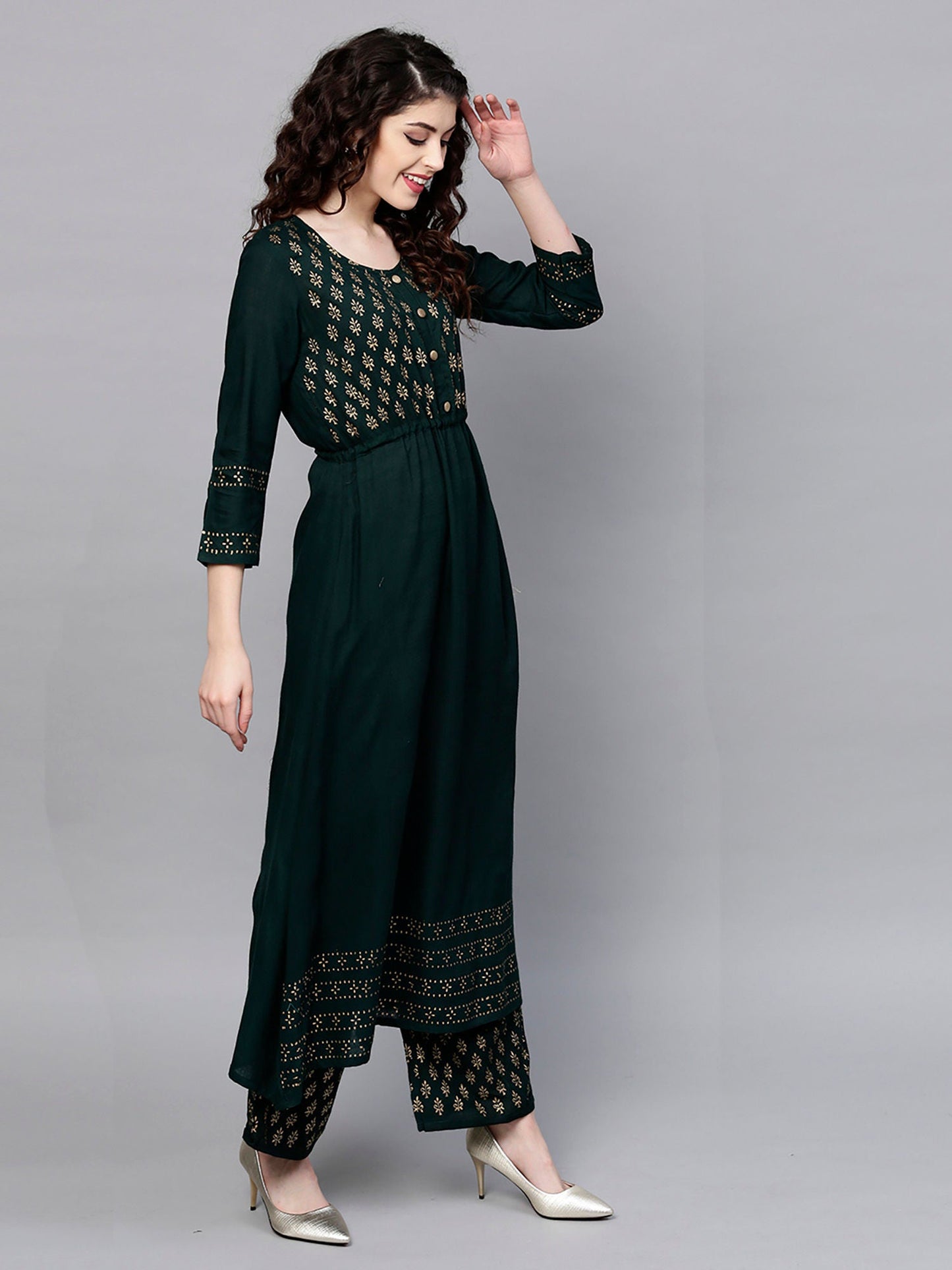 ISHIN Rayon Green Printed Anarkali Kurta With Palazzo (Set of 2)
